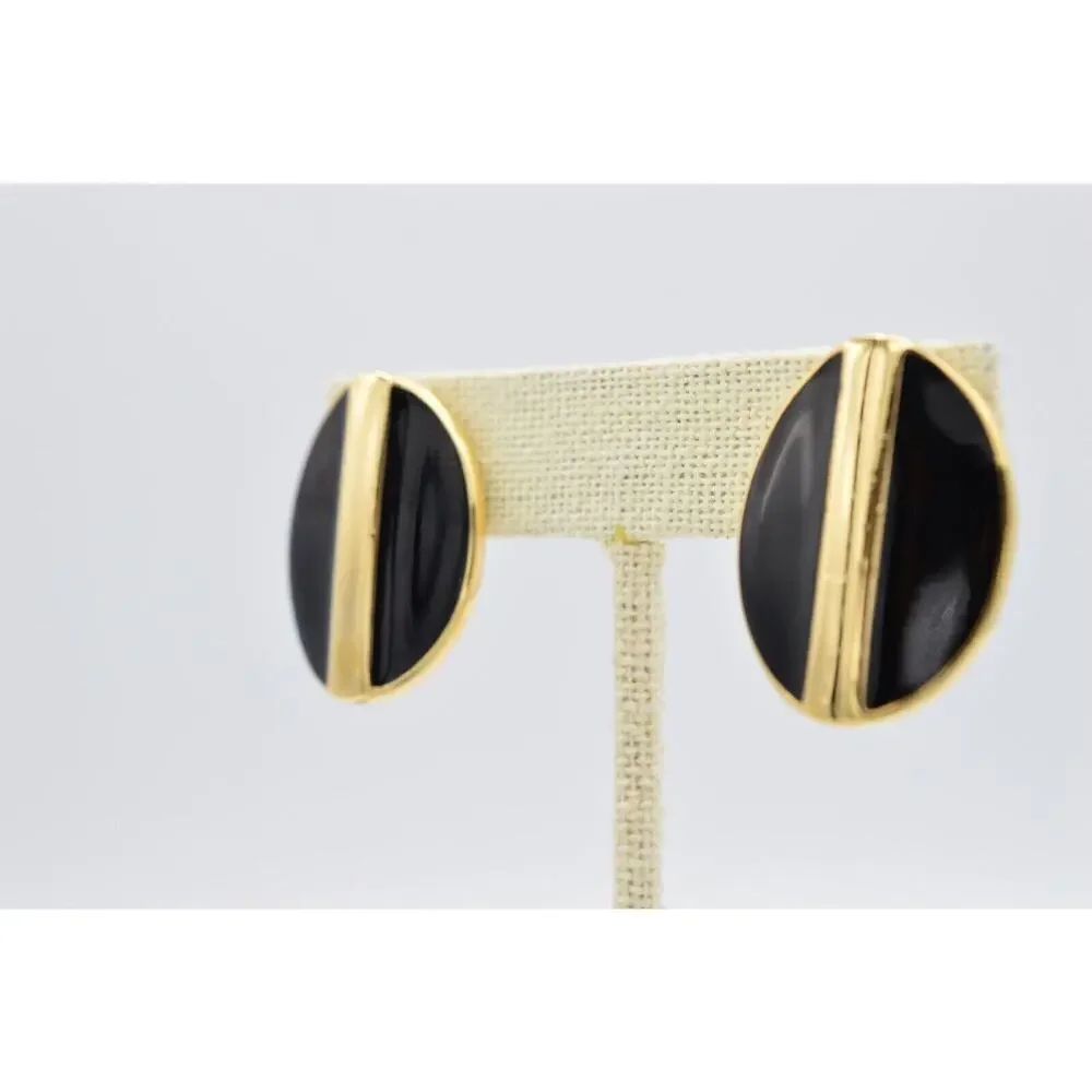 Swarovski Vintage Clip On Earrings Gold Black Enamel Chunky D.S. Co Signed BinAB